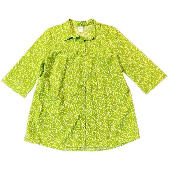 Blair Women’s Green Swirl Button Down Three Quarter Sleeve Blouse - Picture 1 of 8